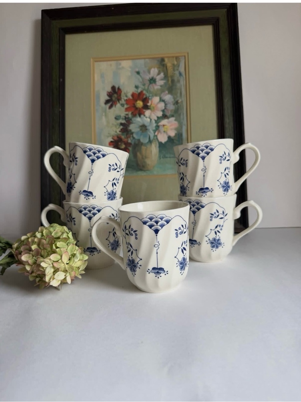 Churchill Blue Floral Scallop Edge Porcelain Mugs - Set of 5